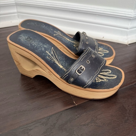 Vintage Y2K Navy Slide Sandals wooden heel wedge 8 Fairycore tropical summer - Picture 2 of 7